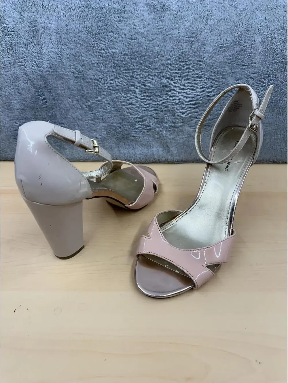 Bandolino Y2K Pastel Pink and Beige Patent Ankle Strap Block Heel Sandals‎
